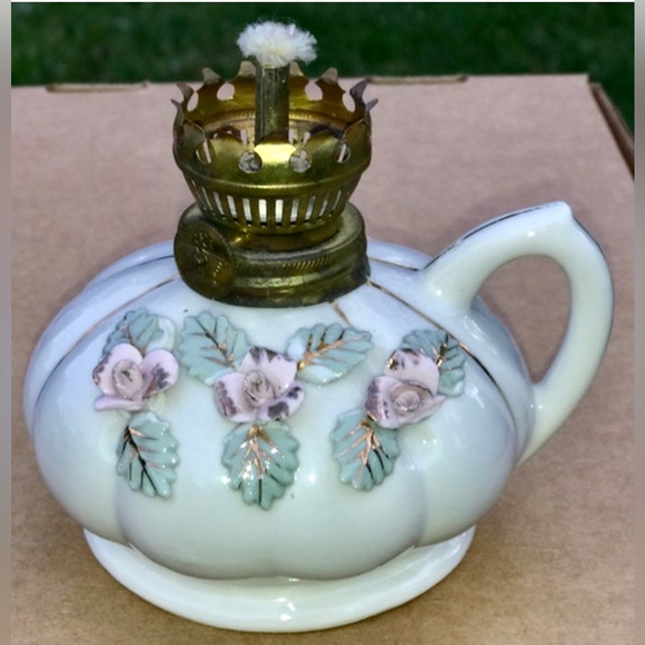 Mid Century Antique Pink Rose Gold Trim Porcelain Finger Loop Oil Lamp JAPAN - Picture 8 of 10